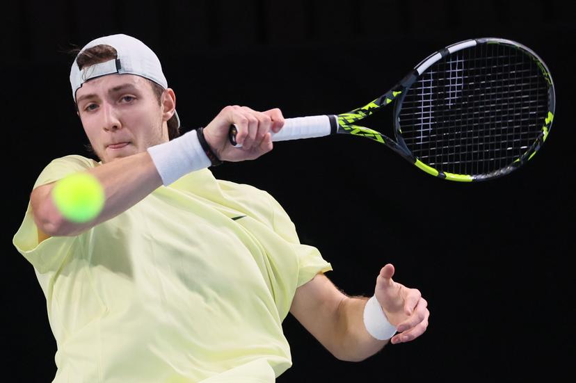 Belgian Tibo Colson pictured in action during a tennis match against German Squire, a qualification match for the men's singles at the BW Open ATP Challenger 125 tournament, in Louvain-la-Neuve,  Monday 22 January 2024. THE BW Open takes place from 22 to 28 January.  BELGA PHOTO BENOIT DOPPAGNE