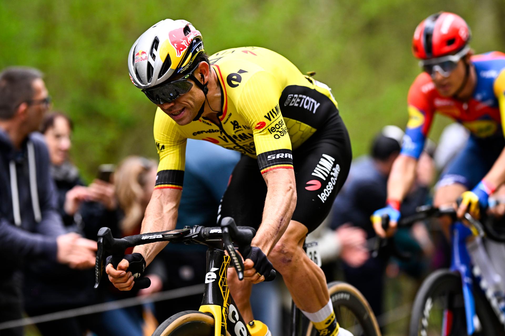 Belgian Wout van Aert of Team Visma-Lease a Bike pictured in action at Trouée d'Arenberg during the men elite race of the 'Paris-Roubaix' one day cycling race, 259,2 km from Compiegne to Roubaix, France, on Sunday 13 April 2025. BELGA PHOTO JASPER JACOBS