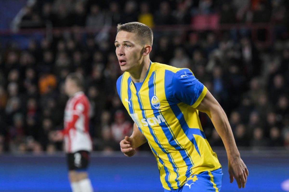 Shakhtar Donetsk's Ukrainian forward #14 Danylo Sikan celebrates scoring his team's first goal during the UEFA Champions League, League phase - Matchday 5, football match between PSV Eindhoven and Shakhtar Donetsk at the The Philips Stadion in Eindhoven, on November 27, 2024.  John THYS / AFP