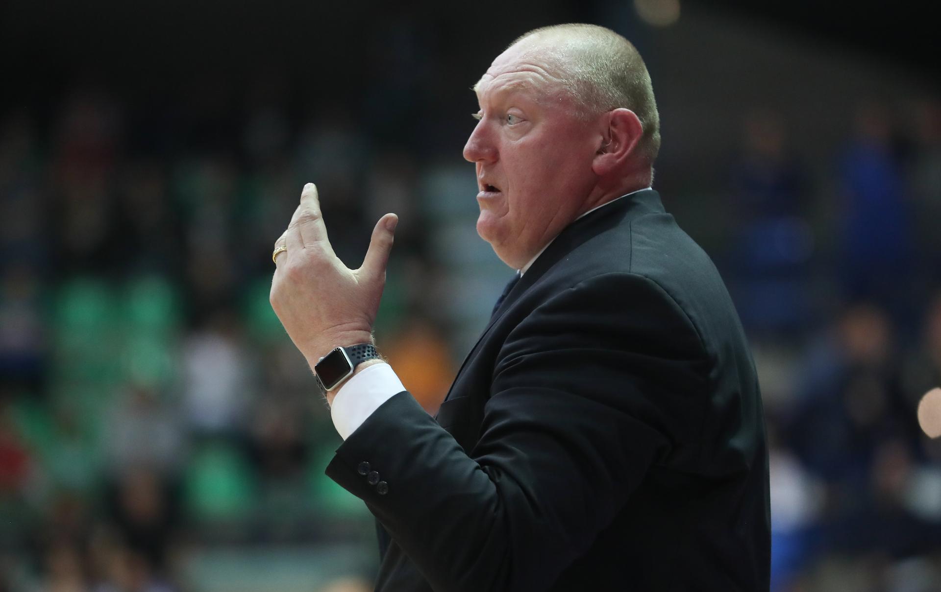 Mons' head coach Daniel Goethals gestures during a basketball match between Belfius Mons-Hainaut and Filou Oostende, Friday 17 May 2019 in Mons, on day 35 of the 'EuroMillions League' Belgian first division. BELGA PHOTO VIRGINIE LEFOUR