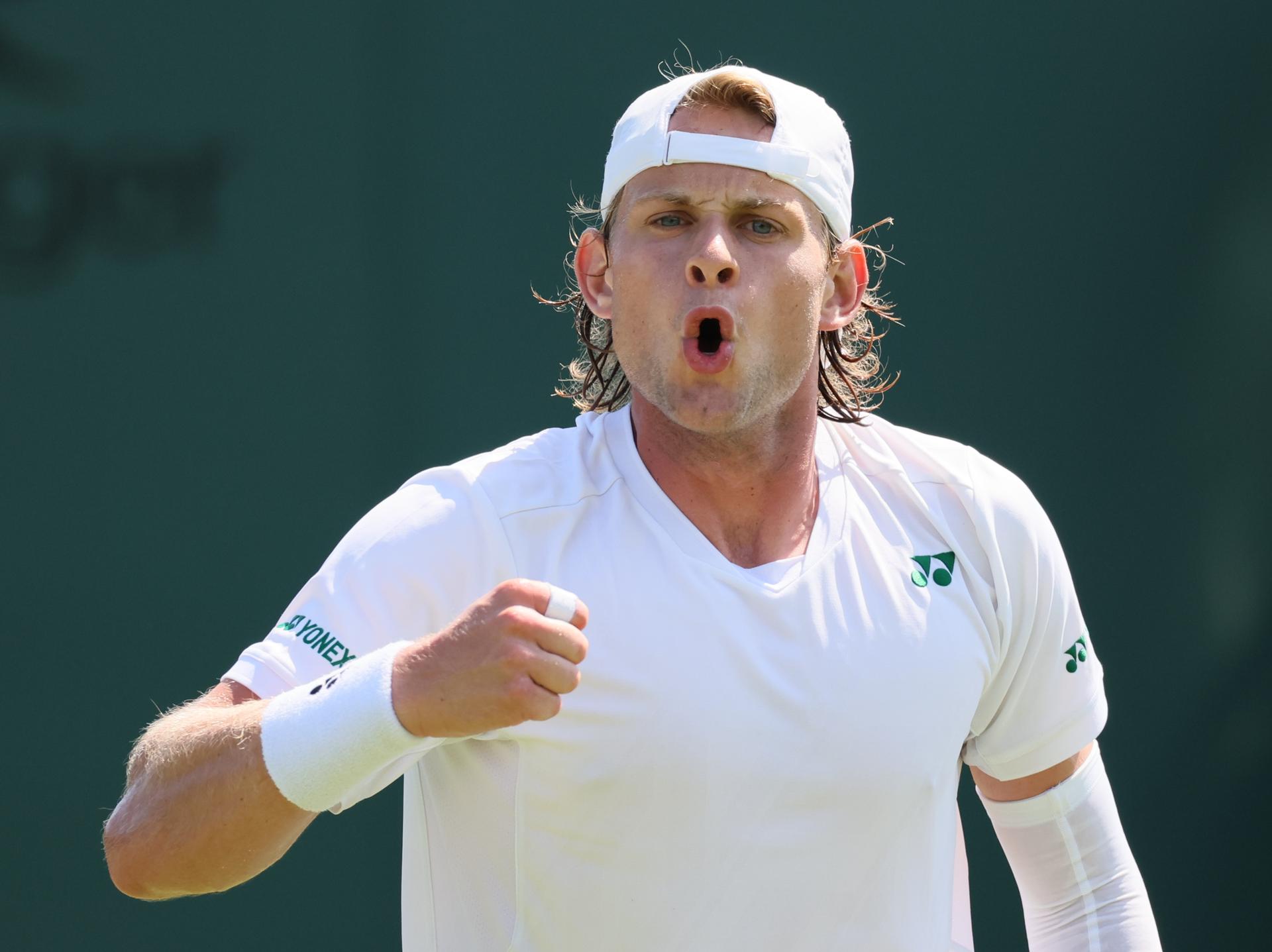 Belgian Zizou Bergs reacts during a tennis match against South African Harris, in the first round of the men's singles at the 2025 Wimbledon grand slam tournament, Monday 30 June 2025 at the All England Tennis Club, in South-West London, Britain. BELGA PHOTO BENOIT DOPPAGNE