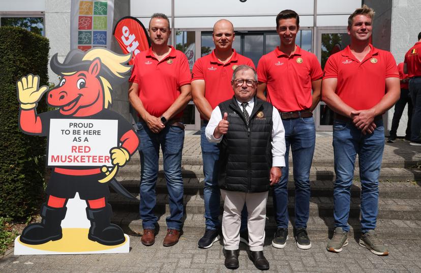 Belgian Tom Stokmans, Belgian Glenn Geerts, Belgian Sam Gees, Belgian Dries Degrieck and Belgian four-in-hand driving team manager Mark Wentein pose for the photographer during a press moment of the 'Red Musketeers' riders that will compete at the upcoming World Championships, on Monday 27 July 2026 in Zaventem. The FEI World Championships will take place in Aachen, Germany from 11 to 23 August. BELGA PHOTO VIRGINIE LEFOUR