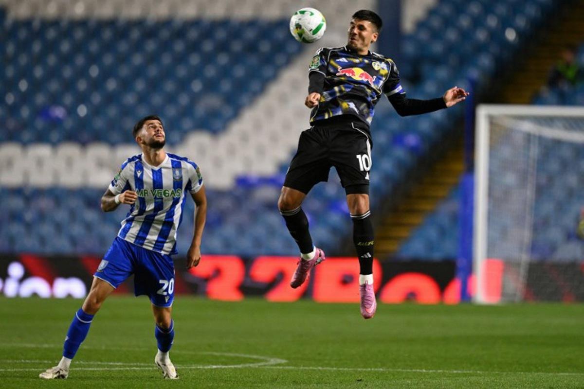 Leeds United's Dutch striker #10 Joel Piroe controls the ball during the English League Cup second round football match between Sheffield Wednesday and Leeds United at The Hillsborough Stadium in Sheffield, northern England on August 26, 2025.  Oli SCARFF / AFP