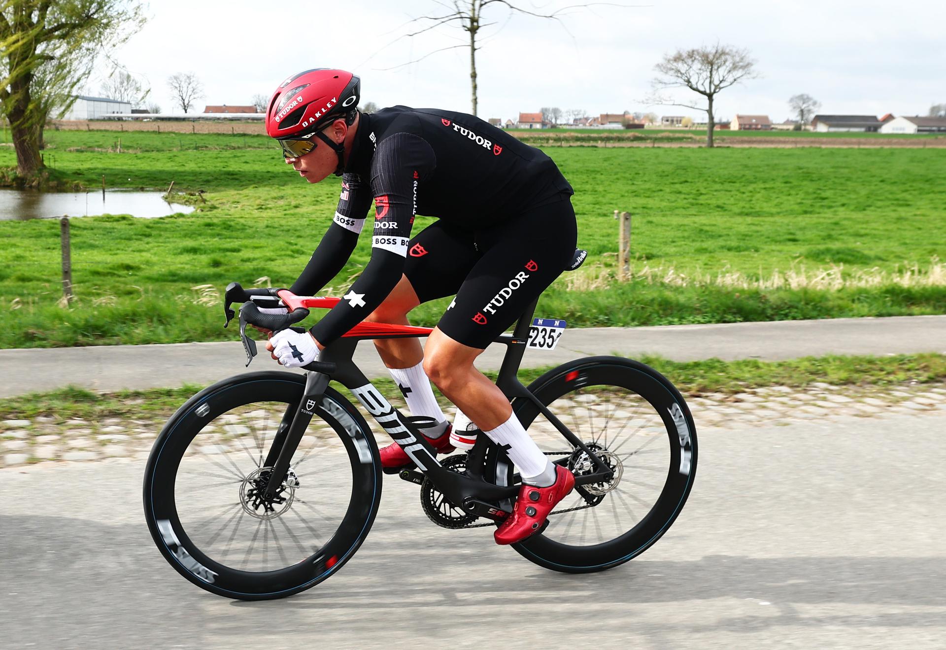 German Marius Mayrhofer of Tudor Pro Cycling Team pictured in action during the men elite 'Gent-Wevelgem - In Flanders Fields' one day cycling race, 250.3 km from Ieper to Wevelgem, Sunday 30 March 2025. BELGA PHOTO DAVID PINTENS