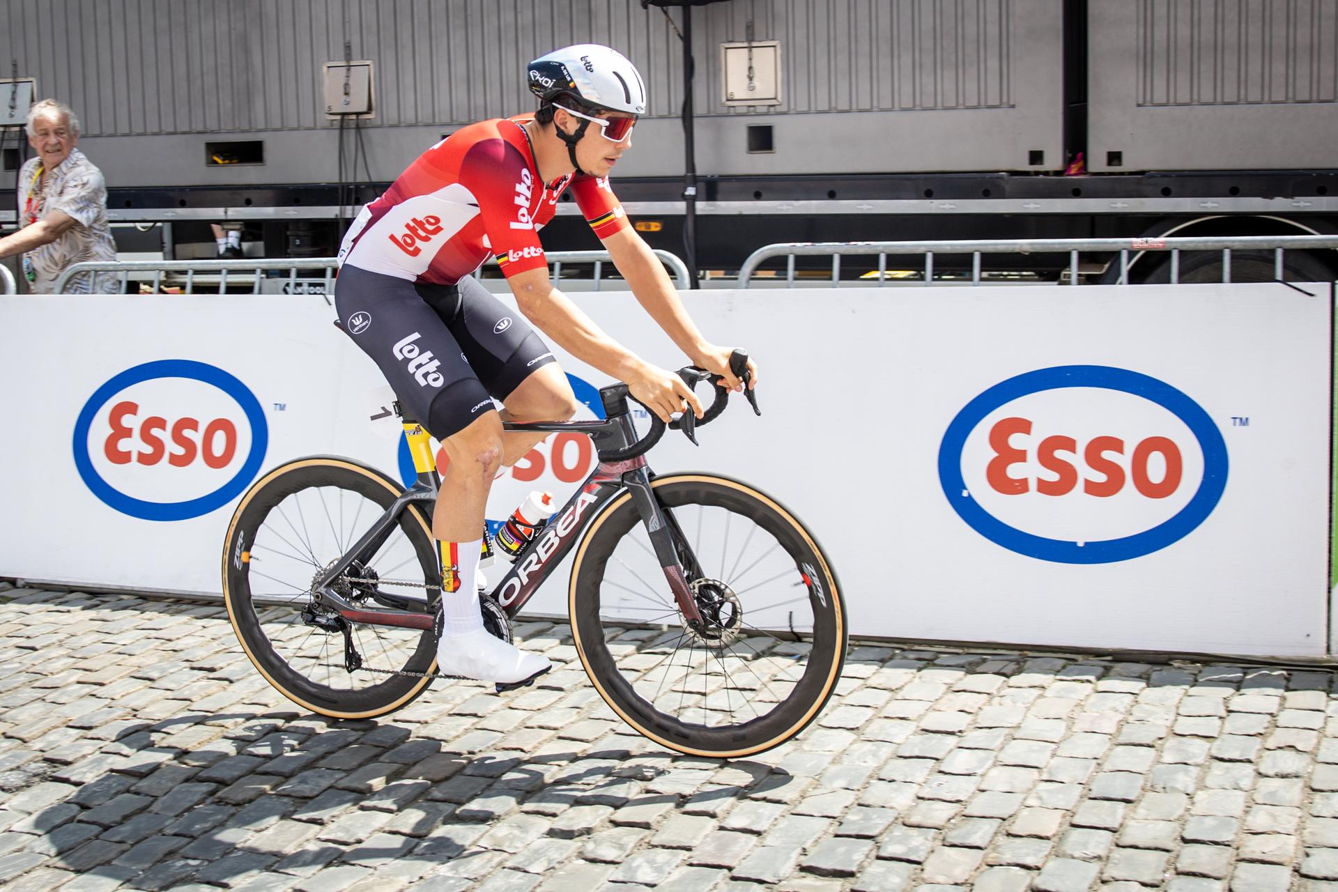 Belgian Arnaud De Lie of Lotto Cycling Team pictured in action during the men's elite road race of the Belgian Cycling Championships, 230km from and to the Grand Place square in Binche on Sunday 29 June 2025. BELGA PHOTO DAVID PINTENS