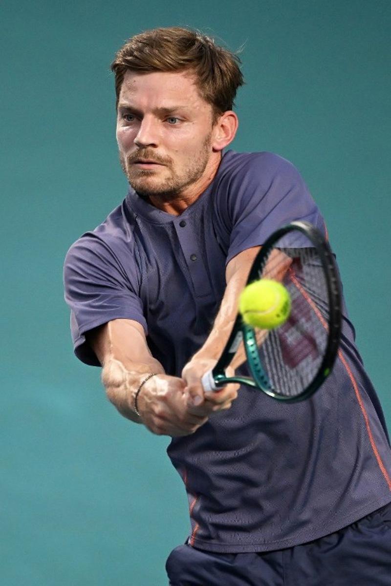 Belgium's David Goffin returns the ball to USA's Brandon Nakashima during their 2025 Mexico ATP Open 500 men´s singles tennis match at the Arena GNP Seguros in Acapulco, Guerrero State, Mexico on February 27, 2025.  CARL DE SOUZA / AFP
