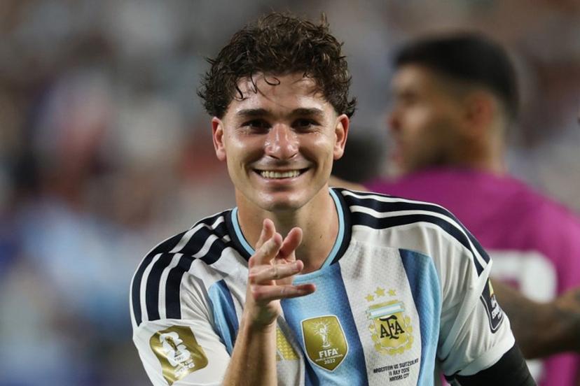 Aregentina's forward #09 Julian Alvarez celebrates scoring his team's second goal during the 2026 World Cup football tournament quarter-final match between Argentina and Switzerland at the Kansas City Stadium in Kansas City on July 11, 2026.   Odd ANDERSEN / AFP