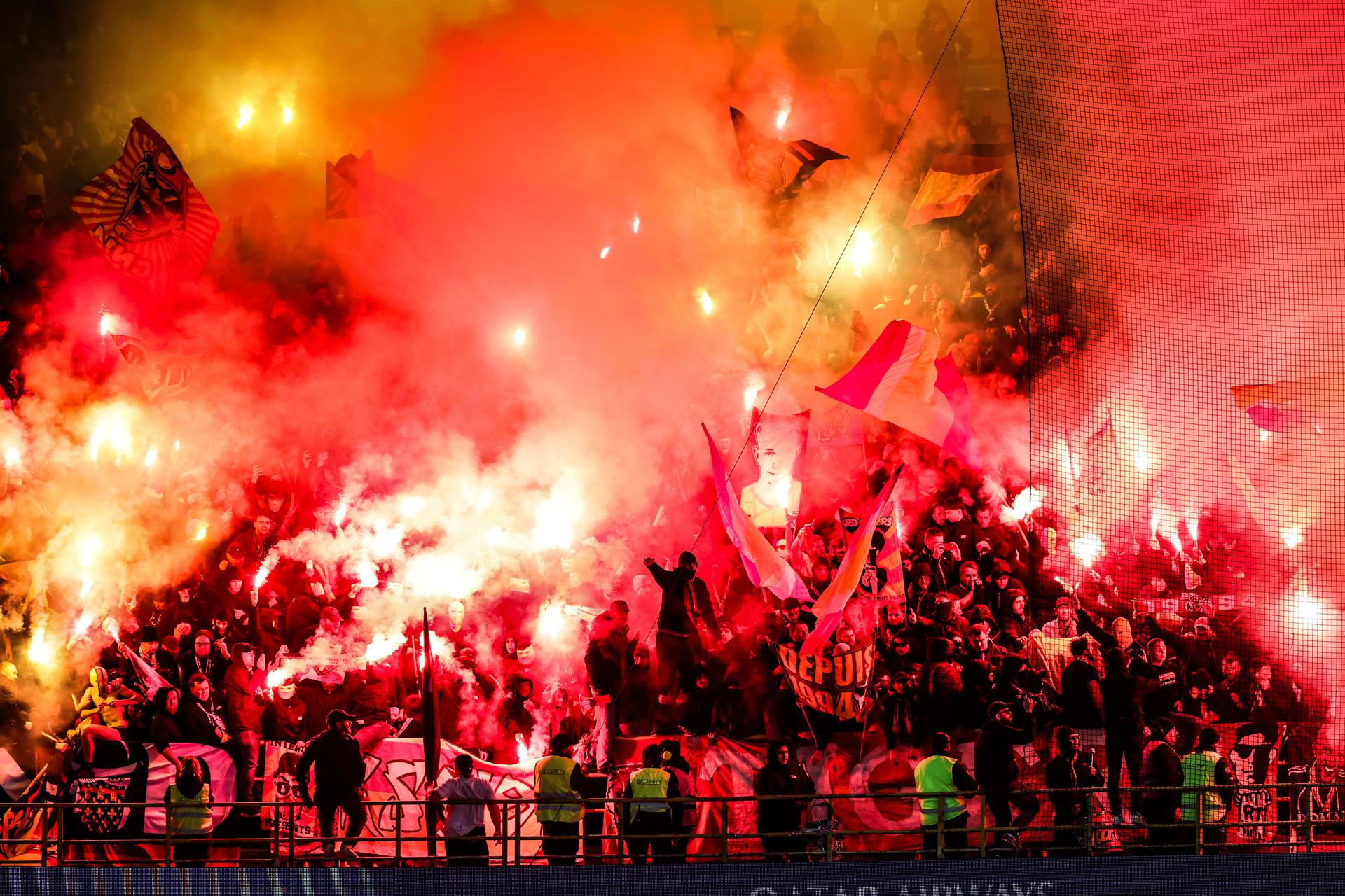 Lens' supporters are pictured during a soccer game between Belgian Club Brugge KV and French Racing Club de Lens, Wednesday 21 October 2026 in Brugge, on day three of the UEFA Champions League league phase. BELGA PHOTO BRUNO FAHY