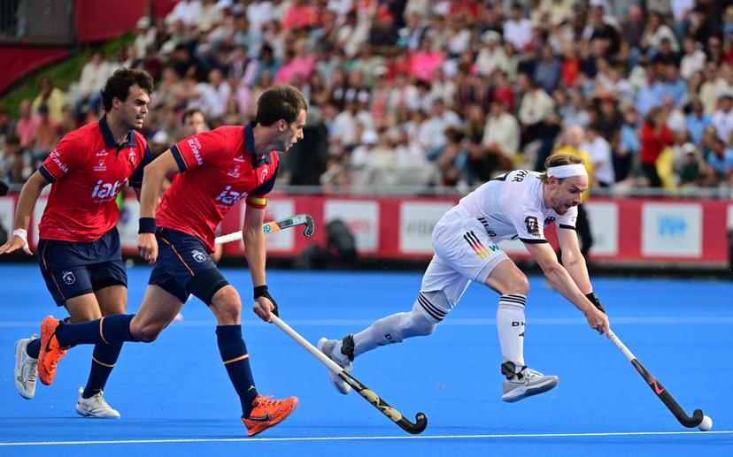 Spain's Marc Miralles and German Christopher Rühr in action during a field hockey game between Spain and Germany, the men's final at the 2026 Hockey World Cup, on Sunday 30 August 2026, in Wavre. The 2026 edition of the Hockey World Cup takes place in Belgium and The Netherlands from August 15 to August 30. BELGA PHOTO DIRK WAEM