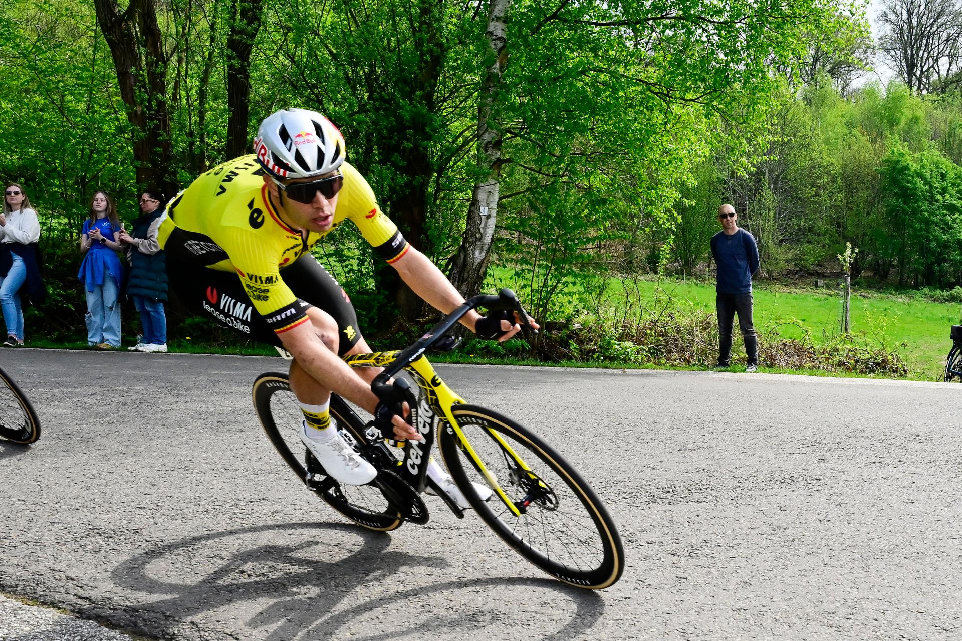 Belgian Wout van Aert of Team Visma-Lease a Bike pictured in action during the men elite 'Amstel Gold Race' one day cycling race, 255,9 km from Maastricht to Valkenburg, The Netherlands, Sunday 20 April 2025. BELGA PHOTO DIRK WAEM