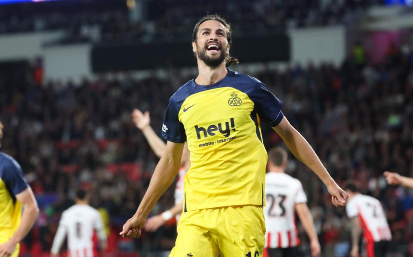 Union's Christian Burgess celebrates during a soccer game between Dutch team PSV Eindhoven and Belgian team Royale Union Saint-Gilloise, in Eindhoven, The Netherlands, on Tuesday 16 September 2025, on the opening day of the League phase of the UEFA Champions League tournament. BELGA PHOTO VIRGINIE LEFOUR