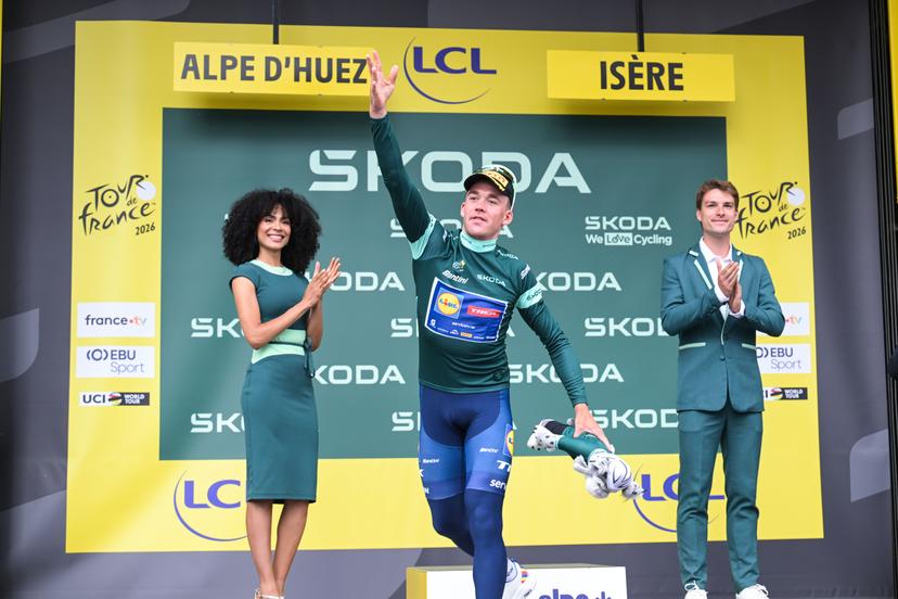 Danish Mads Pedersen of Lidl-Trek celebrates on the podium in the green jersey of leader in the sprint ranking after stage 20 of the 2026 Tour de France cycling race, a stage of 171km Le Bourg d'Oisans to Alpe d'Huez, on Saturday 25 July 2026. The 113th edition of the Tour de France starts on Saturday 4 July in Barcelona, Spain, and will finish in Paris, France on the 26th of July. BELGA PHOTO DAVID PINTENS
