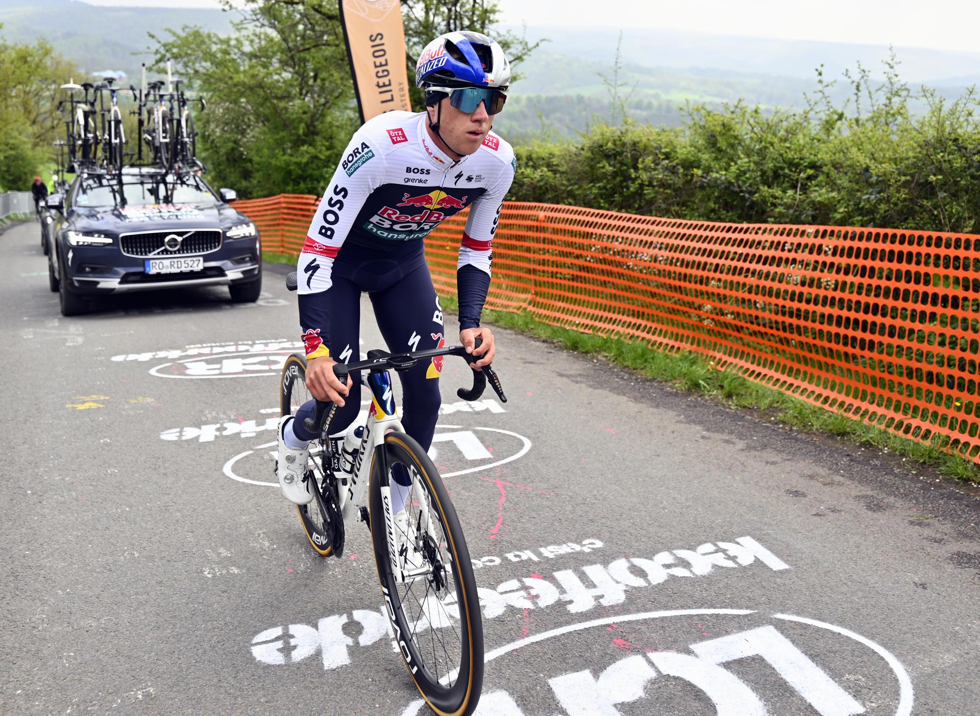 Belgian Maxim Van Gils of RedBull-BORA-hansgrohe pictured in action during a training and track reconnaissance session, on the 'Cote de la Redoute', in Remouchamps, Aywaille, ahead of the Liege-Bastogne-Liege one day cycling race, Friday 25 April 2025. BELGA PHOTO ERIC LALMAND