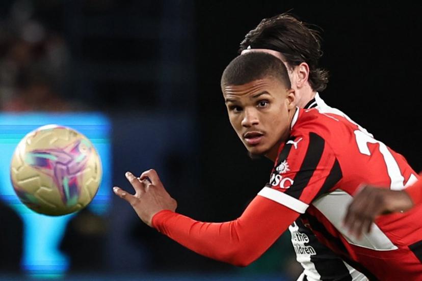 AC Milan's German defender #28 Malick Thiaw watches the ball while in a challenge during the Italian Super Cup semi-final football match between Juventus and AC Milan at the Al-Awwal Park in Riyadh on January 3, 2025.  FADEL SENNA / AFP