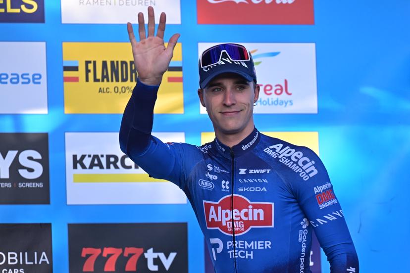 Belgian Niels Vandeputte pictured on the podium after the men's elite race of the 'Berencross Meulebeke' cyclocross cycling event, race 2/8 in the 'HG Cross' competition, on Saturday 17 October 2026. BELGA PHOTO DAVID PINTENS