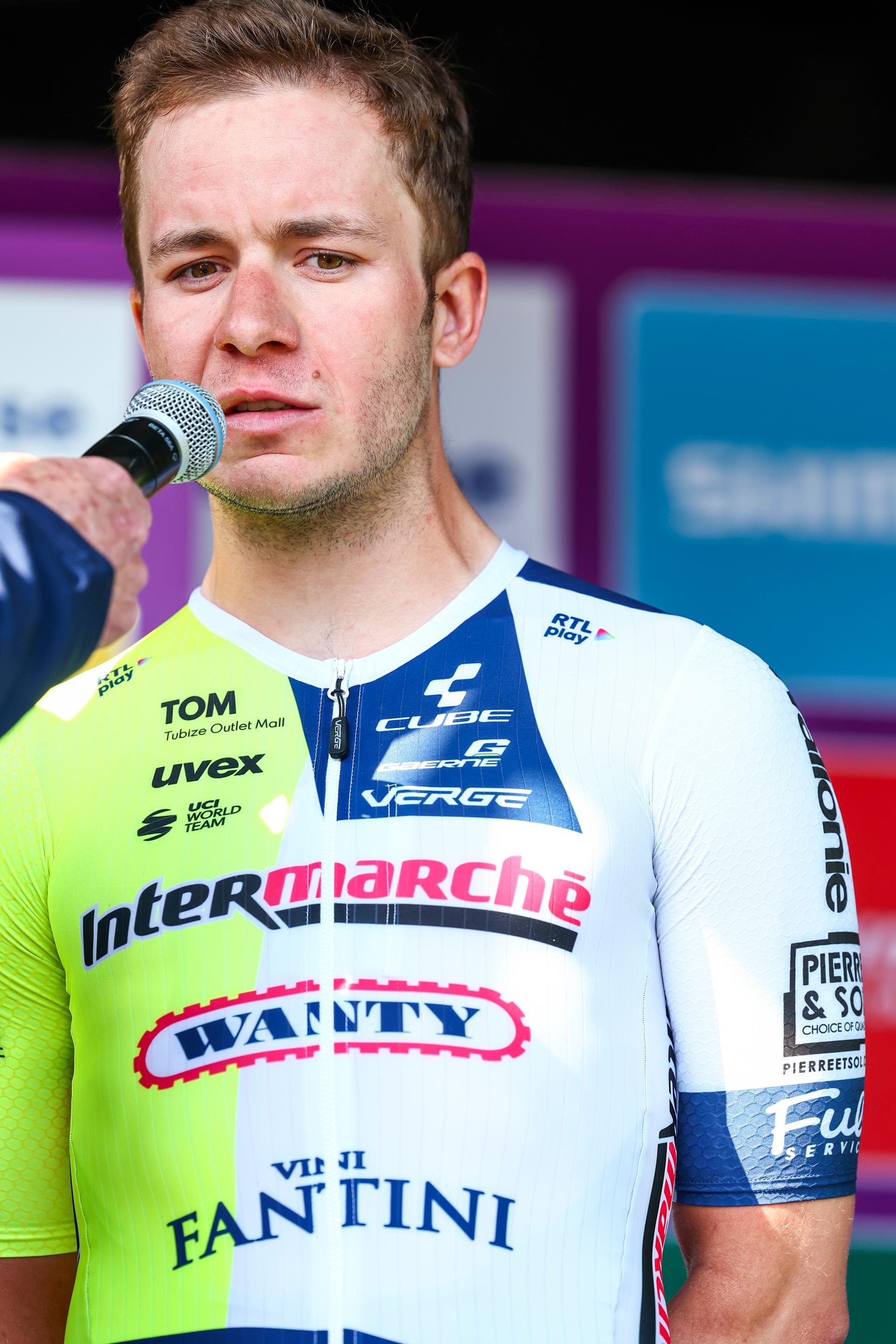 Belgian Gijs Van Hoecke of Intermarche-Wanty pictured during the team presentation ahead of the Baloise Belgium Tour cycling race, in Beringen, on Tuesday 11 June 2024. The Belgium Tour takes place from 12 to 16 June 2024. BELGA PHOTO DAVID PINTENS