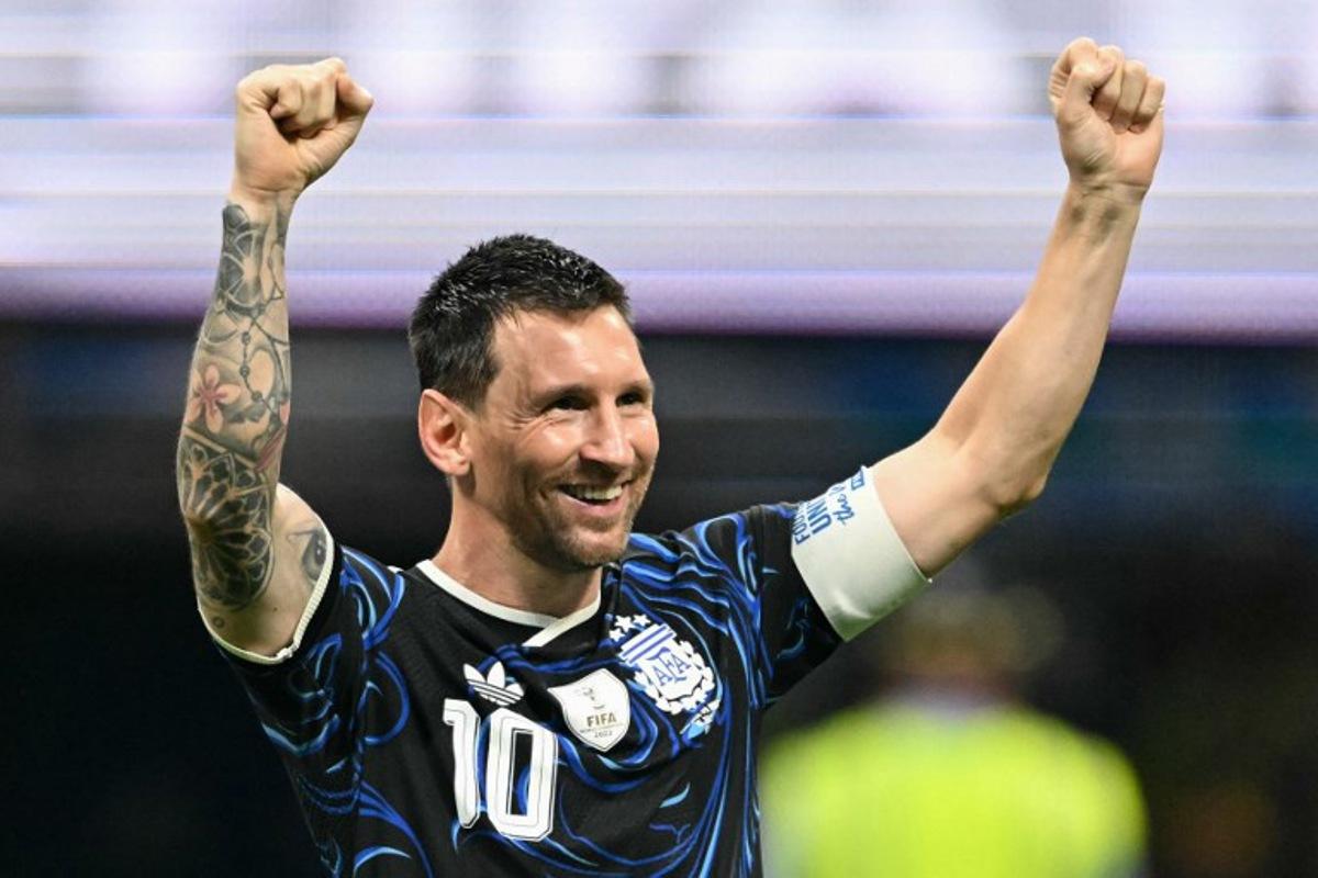Argentina's forward #10 Lionel Messi celebrates after winning the 2026 World Cup football tournament semi-final match between England and Argentina at the Atlanta Stadium in Atlanta on July 15, 2026.   ROBERTO SCHMIDT / AFP