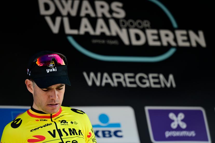 Belgian Wout van Aert of Team Visma-Lease a Bike pictured on the podium after the men elite race of the 'Dwars Door Vlaanderen' cycling event, 184,2km from Roeselare to Waregem, Wednesday 02 April 2025. BELGA PHOTO DIRK WAEM