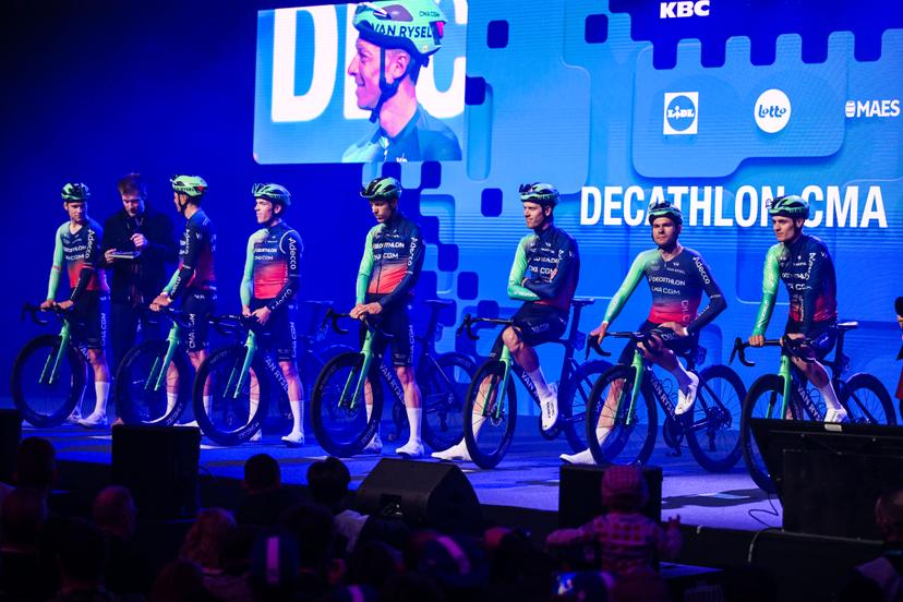 Decathlon CMA CGM Team riders pictured at the team presentation at the start of the 81st edition of the men's one-day cycling race Omloop Het Nieuwsblad (UCI World Tour), the opening race of the Flemish one-day classics season, 207,6 km from Gent to Ninove, Saturday 28 February 2026. BELGA PHOTO DAVID PINTENS