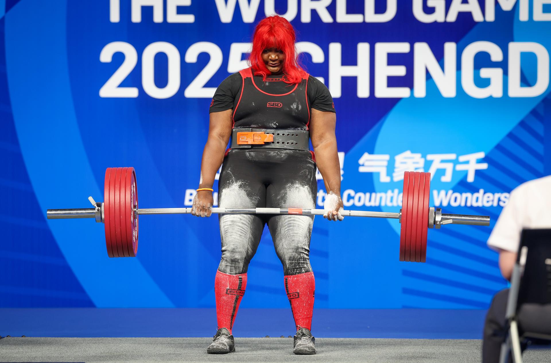 Belgian Sonita Muluh pictured during the super Heavyweight powerlifting event at the 2025 World Games, in Chenghdu, China, on Friday 15 August 2025. This year, the World Games take place from 7 to 17 August. BELGA PHOTO VIRGINIE LEFOUR