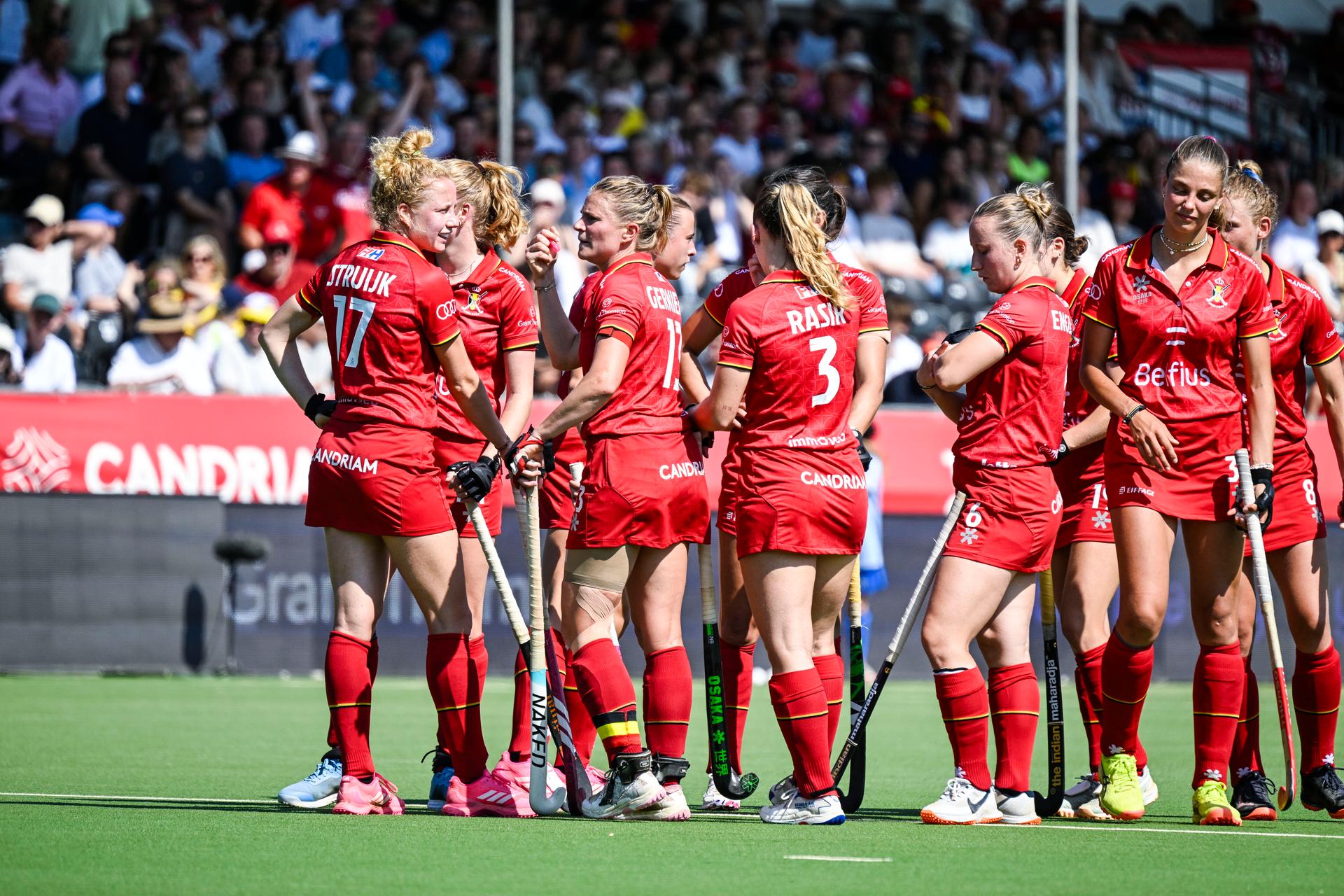 Belgium's Michelle Struijk and Belgium's Alix Gerniers pictured during a hockey game between Belgian national team Red Panthers and The Netherlands, match 16/16 in the group stage of the 2025 women's FIH Pro League, Sunday 29 June 2025 in Antwerp. BELGA PHOTO TOM GOYVAERTS