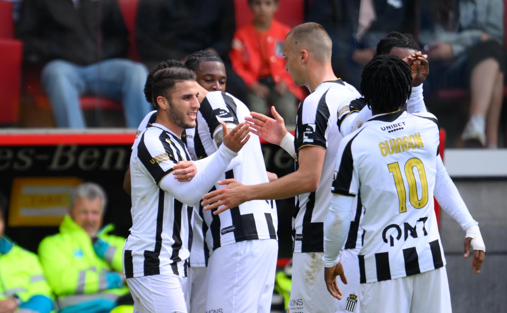 Charleroi's Yacine Titraoui celebrates after scoring during a soccer match between KV Mechelen and Sporting Charleroi, Sunday 18 May 2025 in Mechelen, on day 9 (out of 10) of the Europe Play-offs of the 2024-2025 'Jupiler Pro League' first division of the Belgian championship. BELGA PHOTO JOHN THYS