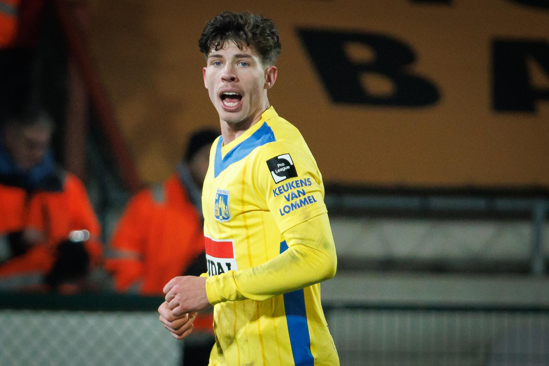 Westerlo's Jordan Bos celebrates after scoring during a soccer match between KV Kortrijk and KVC Westerlo, Sunday 02 February 2025 in Kortrijk, on day 24 of the 2024-2025 season of the 'Jupiler Pro League' first division of the Belgian championship. BELGA PHOTO KURT DESPLENTER