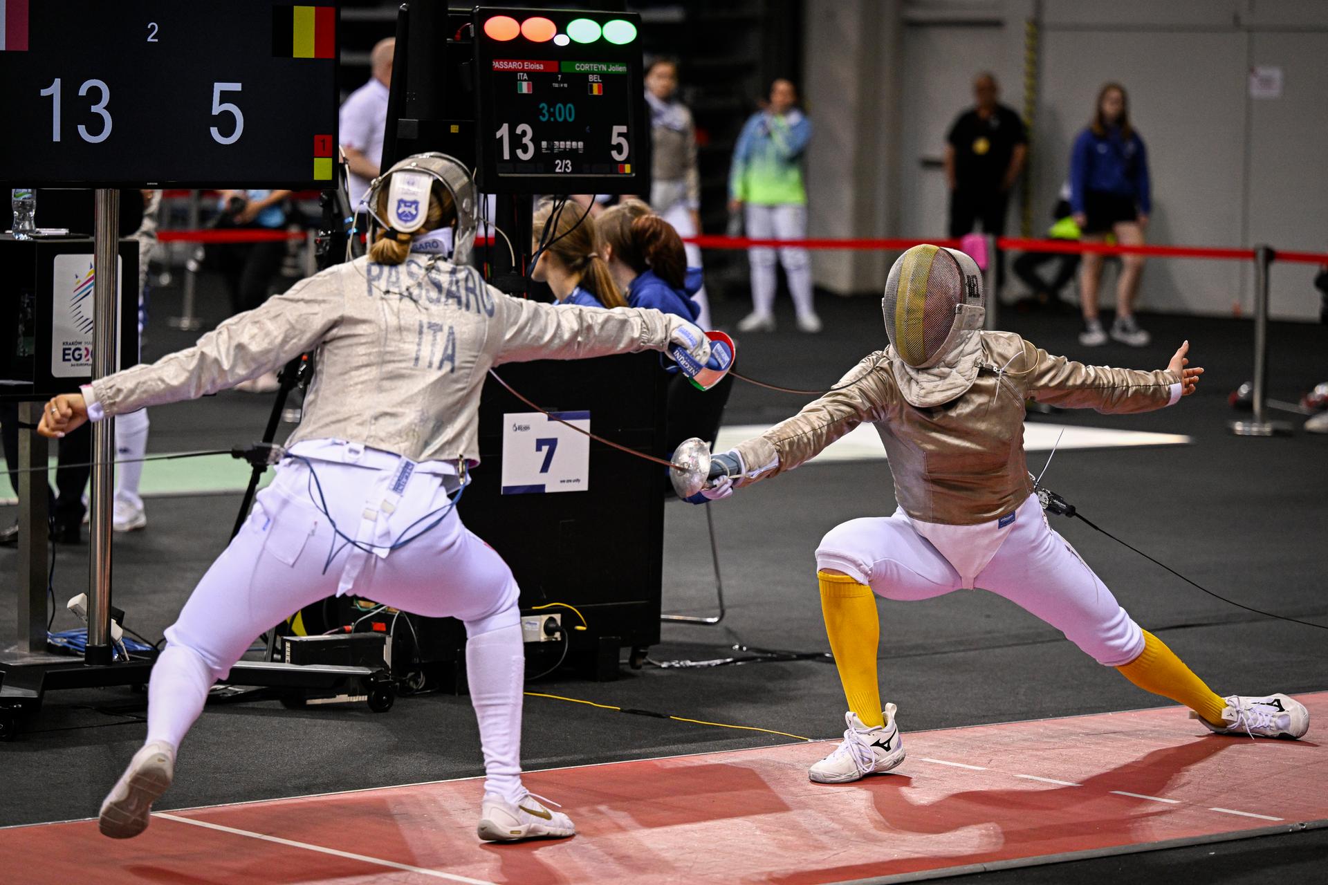 Fencing Athlete Jolien Corteyn pictured in action during a fight in the 1/16 round of the women's sabre competition, at the European Games in Krakow, Poland on Tuesday 27 June 2023. The 3rd European Games, informally known as Krakow-Malopolska 2023, is a scheduled international sporting event that will be held from 21 June to 02 July 2023 in Krakow and Malopolska, Poland. BELGA PHOTO LAURIE DIEFFEMBACQ