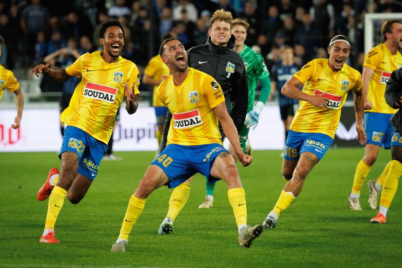 Westerlo's Emin Bayram celebrates after scoring during a soccer match between Club Brugge and KVC Westerlo, Wednesday 24 September 2025 in Brugge, a catch-up game of day 5 of the 2025-2026 'Jupiler Pro League' first division of the Belgian championship. BELGA PHOTO KURT DESPLENTER