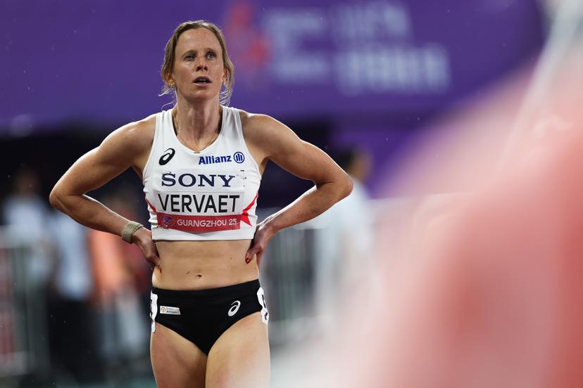 Belgian athlete Imke Vervaet reacts at the mixed 4x400m relay heats, at the world relay championships, on Saturday 10 May 2025 in Guangzhou, China. The world relay championships in Guangzhou take place from 10 to 11 May. BELGA PHOTO NIKOLA KRSTIC