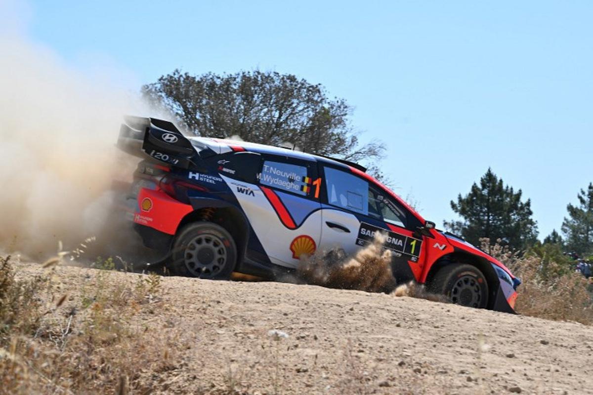 Belgium driver Thierry Neuville steers his Hyundai i20N Rally 1 assisted by his co-driver Martijn Wydaeghe, as they compete in the SS15 special between San Giacomo and Plebi during the 22nd edition of the Rally Italia Sardegna, 6th round of the FIA World Rally Championship (WRC), near Olbia, Sardinia, on June 8, 2025.  Andreas SOLARO / AFP