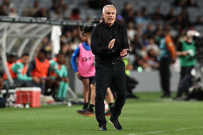 New Zealand's coach Darren Bazeley reacts during the FIFA World Cup 2026 Oceania qualifiers group final football match between New Zealand and New Caledonia at Eden Park Stadium in Auckland on March 24, 2025.  DAVID ROWLAND / AFP