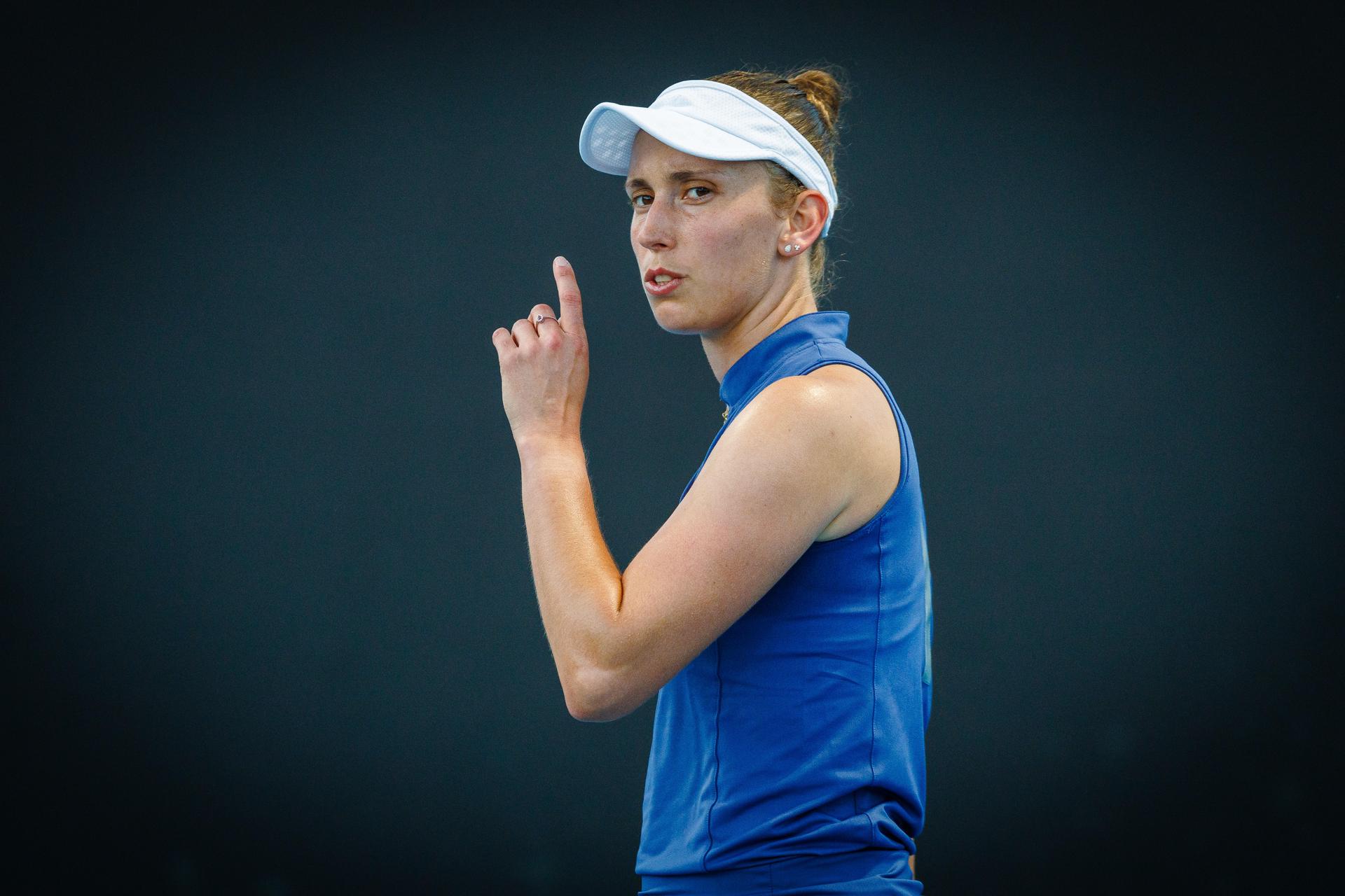 Belgian Elise Mertens pictured in action during a tennis match between Belgian Mertens and Swiss Golubic, in the first round of the women's singles at the 'Australian Open' Grand Slam tennis tournament, Monday 13 January 2025 in Melbourne Park, Melbourne, Australia. The 2025 edition of the Australian Grand Slam takes place from January 12th to January 26th. Mertens won 4-6, 7-6, 6-4. BELGA PHOTO PATRICK HAMILTON