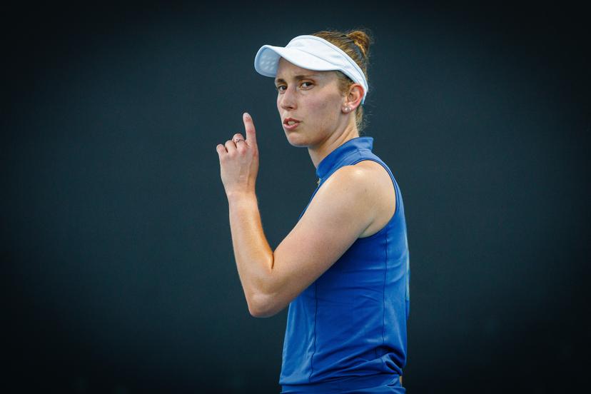 Belgian Elise Mertens pictured in action during a tennis match between Belgian Mertens and Swiss Golubic, in the first round of the women's singles at the 'Australian Open' Grand Slam tennis tournament, Monday 13 January 2025 in Melbourne Park, Melbourne, Australia. The 2025 edition of the Australian Grand Slam takes place from January 12th to January 26th. Mertens won 4-6, 7-6, 6-4. BELGA PHOTO PATRICK HAMILTON