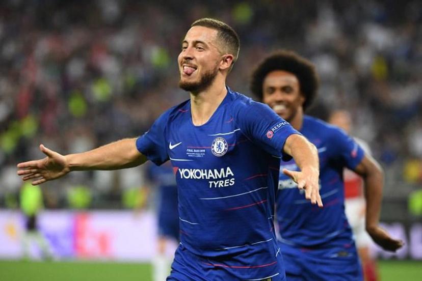 Chelsea's Belgian midfielder Eden Hazard celebrates after scoring a goal during the UEFA Europa League final football match between Chelsea FC and Arsenal FC at the Baku Olympic Stadium in Baku, Azerbaijian, on May 29, 2019.  Kirill KUDRYAVTSEV / AFP