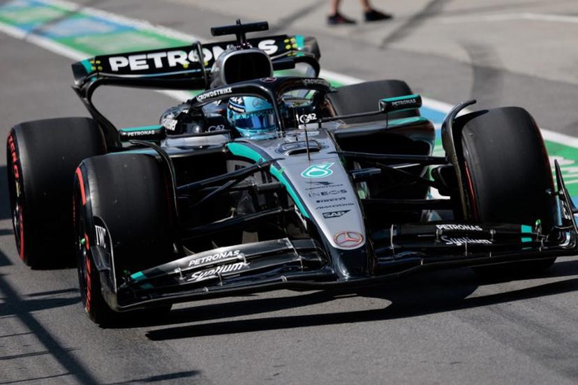 Mercedes' British driver George Russell drives out of pit lane during the qualifying session for the 2025 Formula 1 Grand Prix du Canada at Circuit Gilles-Villeneuve in Montreal, Canada, on June 14, 2025.   SHAWN THEW / POOL / AFP