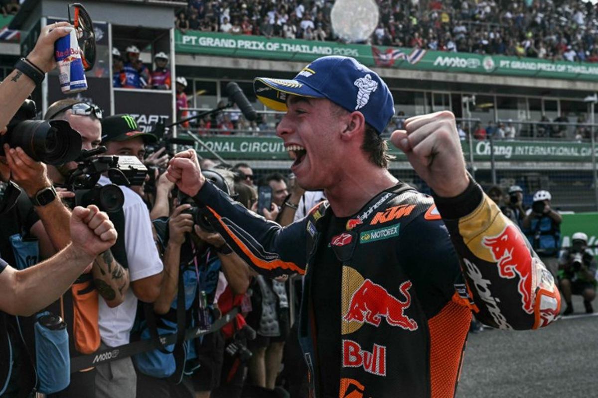 Red Bull KTM Factory Racing's Spanish rider Pedro Acosta celebrates winning the sprint race of the MotoGP Thailand Grand Prix at the Buriram International Circuit in Buriram on February 28, 2026.  Lillian SUWANRUMPHA / AFP