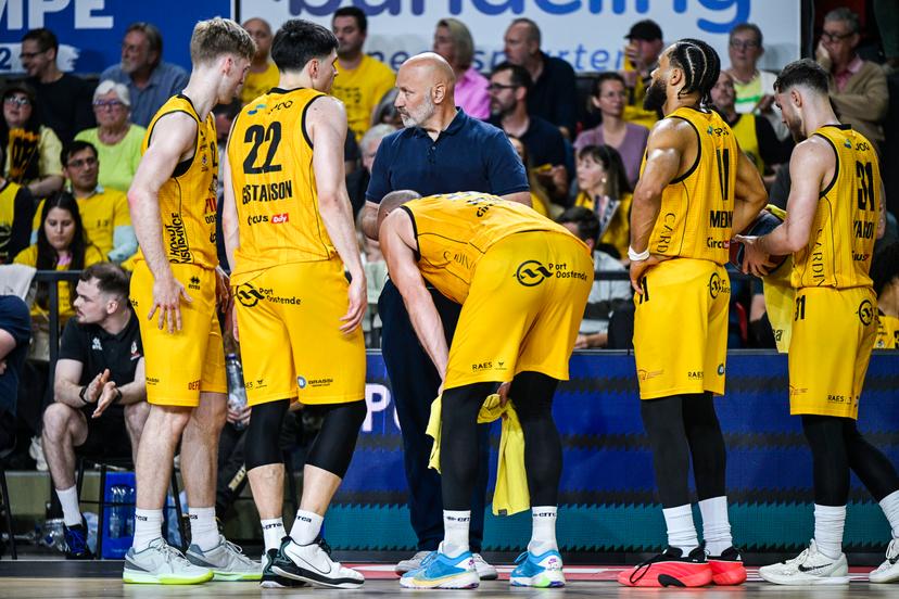 Oostende's head coach Dennis Wucherer looks dejected during a basketball match between BC Oostende and Antwerp Giants, Thursday 11 June 2026, in Oostende, game 4 (out of 5) in the Playoffs final of the 'BNXT League' Belgian/ Dutch first division basket championship. BELGA PHOTO TOM GOYVAERTS