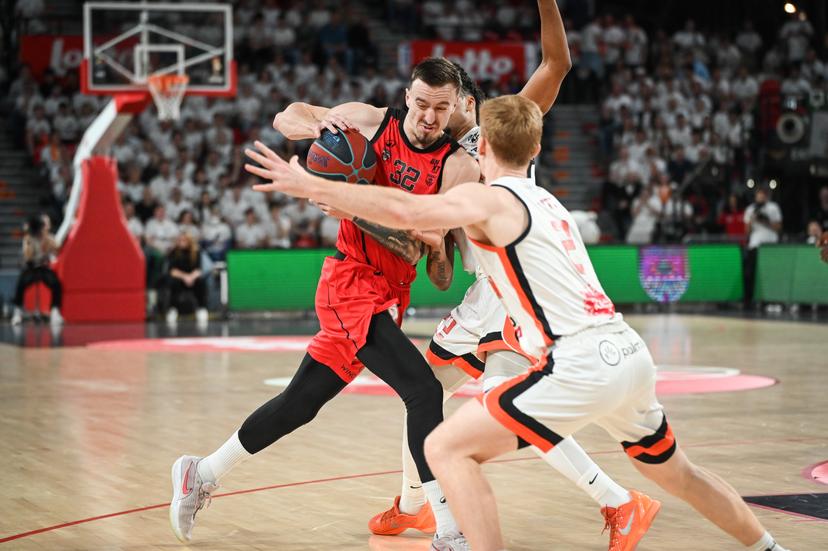 Antwerp's Vincent Kesteloot pictured in action during a basketball match between Antwerp Giants and Leuven Bears, Sunday 22 March 2026 in Charleroi, the final of the men's Belgian 2026 Basketball Cup. BELGA PHOTO ELIAS ROM
