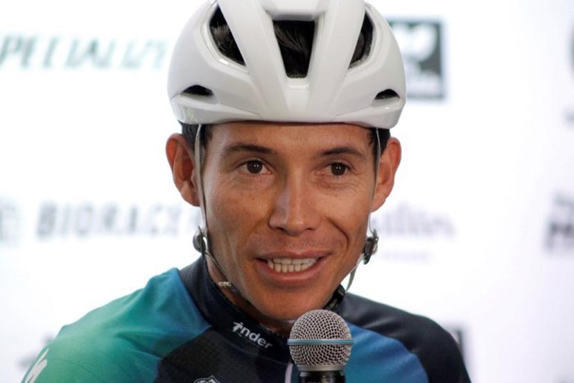 Colombian cyclist Miguel Angel Lopez speaks during his presentation as new rider for Team Medellin EPM, in Medellin, Colombia, on January 17, 2023. In December 2022 Lopez was fired by the Astana team, who claim he had links to a Spanish doctor at the heart of a doping investigation. Lopez denies any connection to doping. The 28-year-old Lopez won a stage on the Tour de France in 2020, won the best young rider category on the Giro d'Italia in 2018 and 2019 and finished third in both the Giro and Vuelta a Espana in 2018. Fredy BUILES / AFP