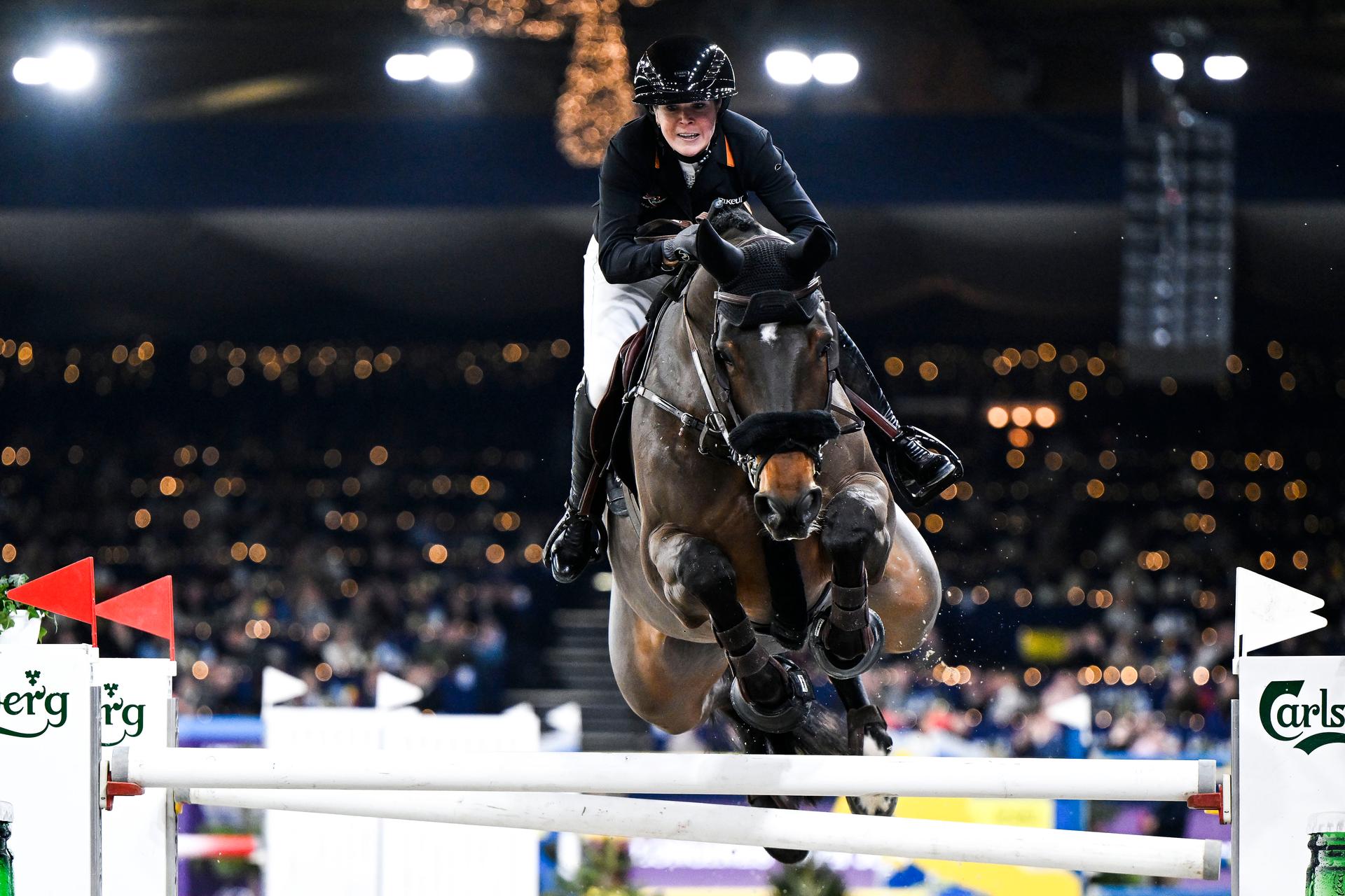 Belgian rider Annelies Vorsselmans with C. Kulottie W Z pictured in action during the FEI World Cup Jumping competition at the 'Vlaanderens Kerstjumping - Memorial Eric Wauters' equestrian event in Mechelen on Monday 30 December 2024. BELGA PHOTO TOM GOYVAERTS
