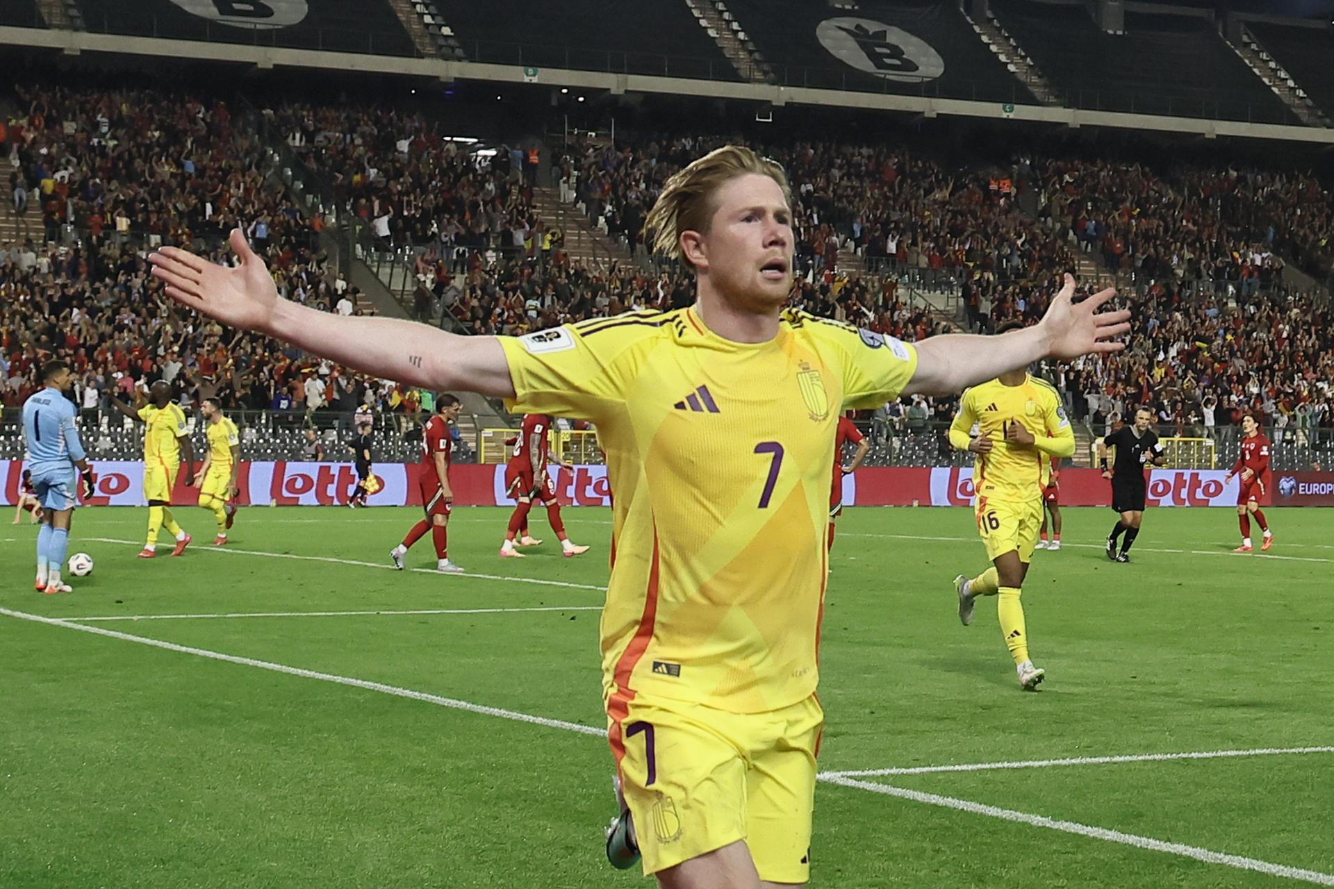 Belgium's Kevin De Bruyne celebrates after scoring during a soccer game between Belgian national team Red Devils and Wales, Monday 09 June 2025 in Bussels, the second (out of 8) qualification games for the World Cup 2026. BELGA PHOTO BRUNO FAHY