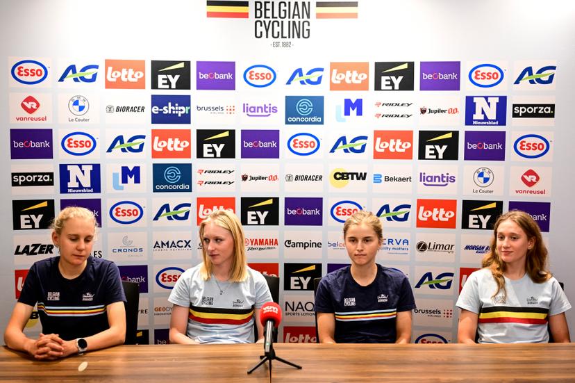 Belgian Lore De Schepper, Belgian Xaydee Van Sinaey, Belgian Fleur Moors and Belgian Tess Moerman pictured during a press conference at the cycling road World Championships, in Kigali, Rwanda, Tuesday 23 September 2025. The 2025 UCI Road World Championships take place from 21 to 28 September in Kigali, Rwanda. BELGA PHOTO DIRK WAEM