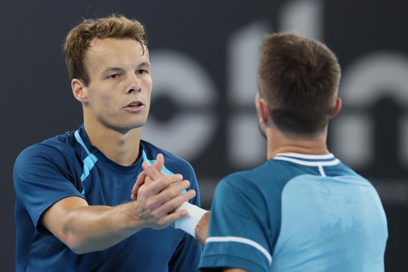 Belgian Michael Geerts pictured at a tennis match against Canadian Diez, a qualification for the men's singles at the BW Open ATP Challenger 125 tournament, in Louvain-la-Neuve,  Monday 22 January 2024. THE BW Open takes place from 22 to 28 January.  BELGA PHOTO BENOIT DOPPAGNE