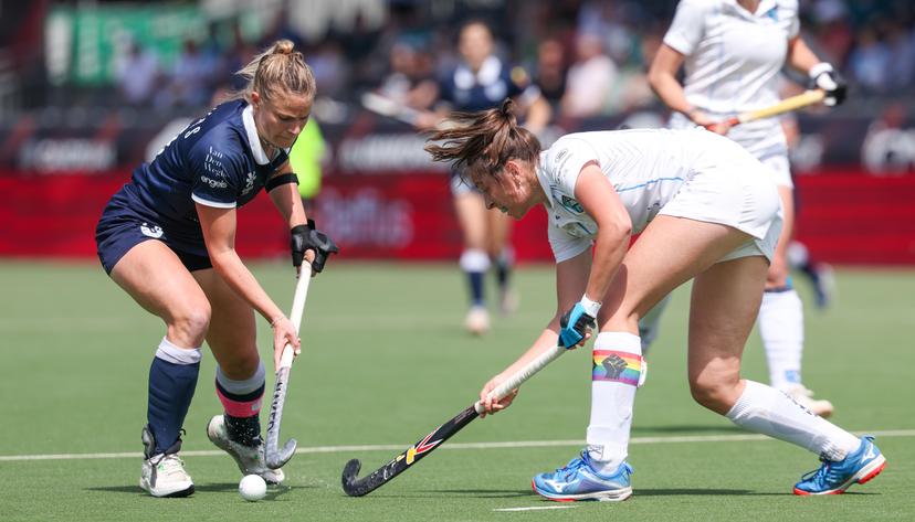Gantoise's Alix Gerniers and Braxgata's Lore Hillewaert fight for the ball during a hockey game between Gantoise and Braxgata, Sunday 12 May 2024 in Antwerp, the return leg of the finals of the playoffs in the Belgian Hockey League women during the 2023-2024 season. BELGA PHOTO VIRGINIE LEFOUR