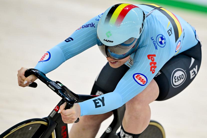 Nicky Degrendele pictured in action during the women's Sprint qualifications on the second day of the 2026 UEC Track Elite European Championships, in Konya, Turkey, Monday 02 February 2026. The European Championships take place from 01 to 05 February 2026. BELGA PHOTO DIRK WAEM