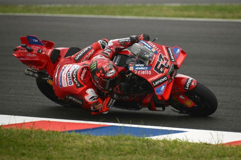 Ducati Lenovo's Italian rider Francesco Bagnaia rides during the MotoGP Argentina Grand Prix race at the Termas de Rio Hondo circuit in Santiago del Estero, Argentina on March 16, 2025.  Luis ROBAYO / AFP