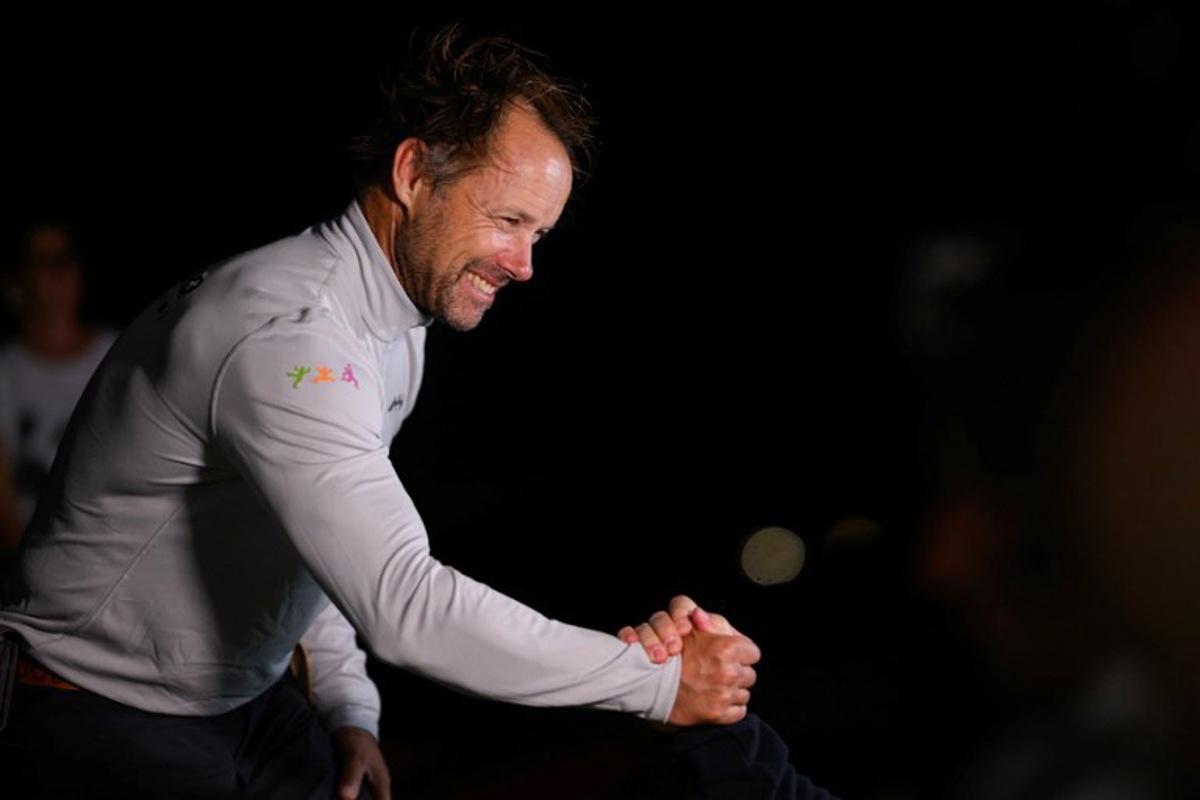 "Sodebo" ULTIM class multihull French skipper Thomas Coville celebrates after arriving second in the 17th edition of the Transat Cafe L'Or, off the shores of Fort-de-France, in the French overseas island of Martinique on November 6, 2025. Four open classes will take part in the race: IMOCA, Ocean Fifty, ULTIM and Class40. The Transat Cafe L'Or is a duo sailing race from Le Havre to Fort-de-France, in the French Caribbean island of Martinique. Loic VENANCE / AFP