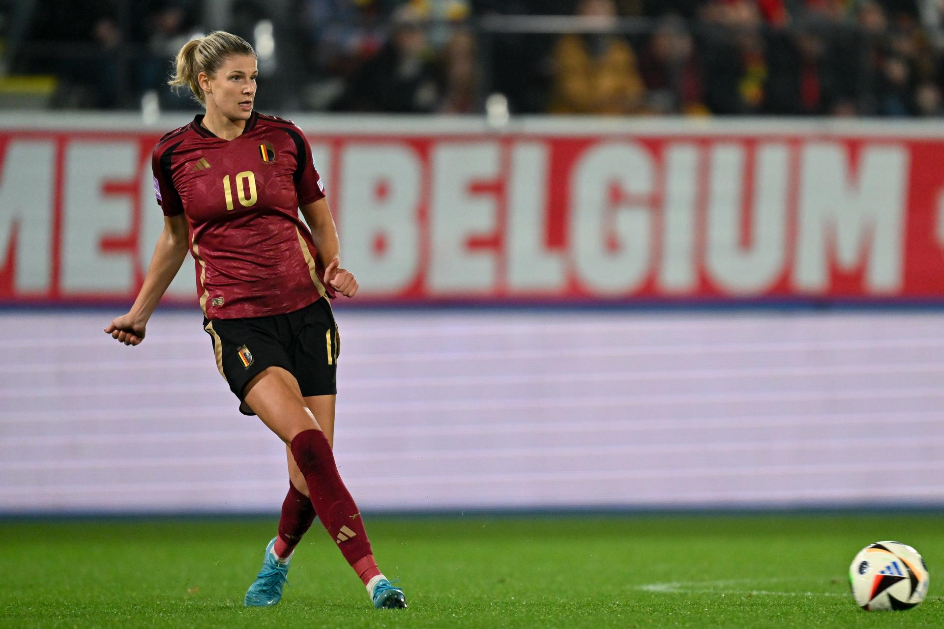 Belgium's Justine Vanhaevermaet pictured in action during a soccer game between Belgium's national team the Red Flames and Greece, Tuesday 29 October 2024 in Brussels, the second leg of the first round of qualifications group stage for the Euro 2025 Championship. BELGA PHOTO DAVID CATRY