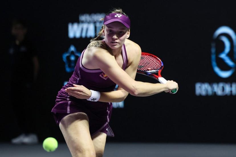 Kazakhstan's Elena Rybakina hits a return to Belarus' Aryna Sabalenka during the final of the Women's WTA Finals, in Riyadh on November 8, 2025.  Fayez NURELDINE / AFP